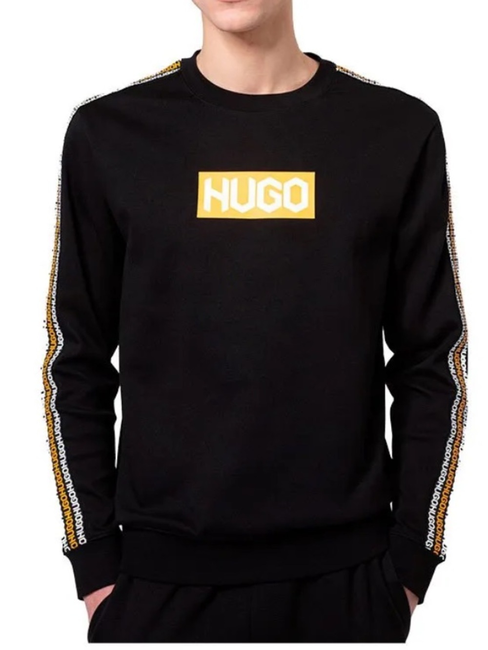 HUGO Black Crewneck Sweatshirt with Yellow Logo and Sleeve Tape! M